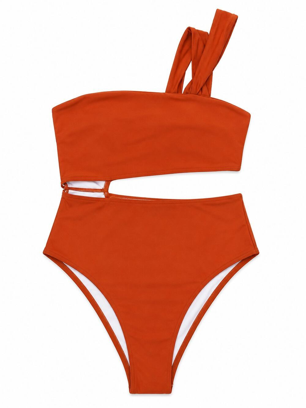 Women's Burnt Orange One Shoulder Cutout Swimsuit High Leg Monokini, sz M